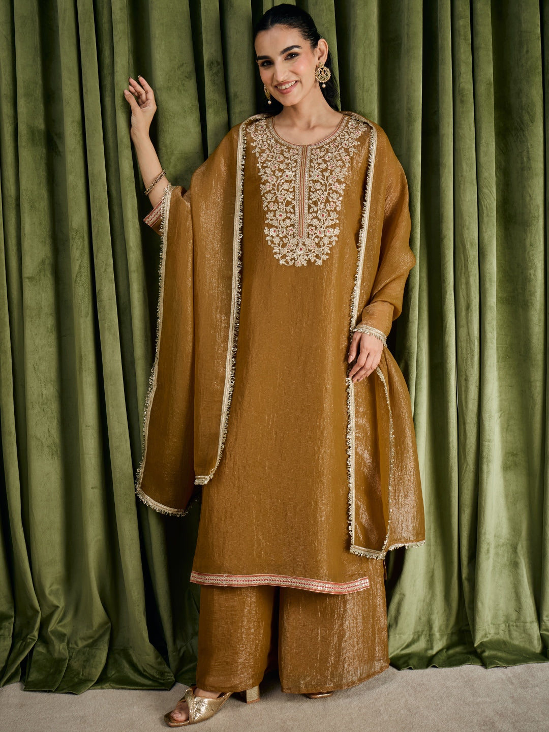 Janasya Women's Olive Musturd Tissue Silk Floral Zari Yoke Embroidered Straight Kurta with Palazzo And Dupatta Set