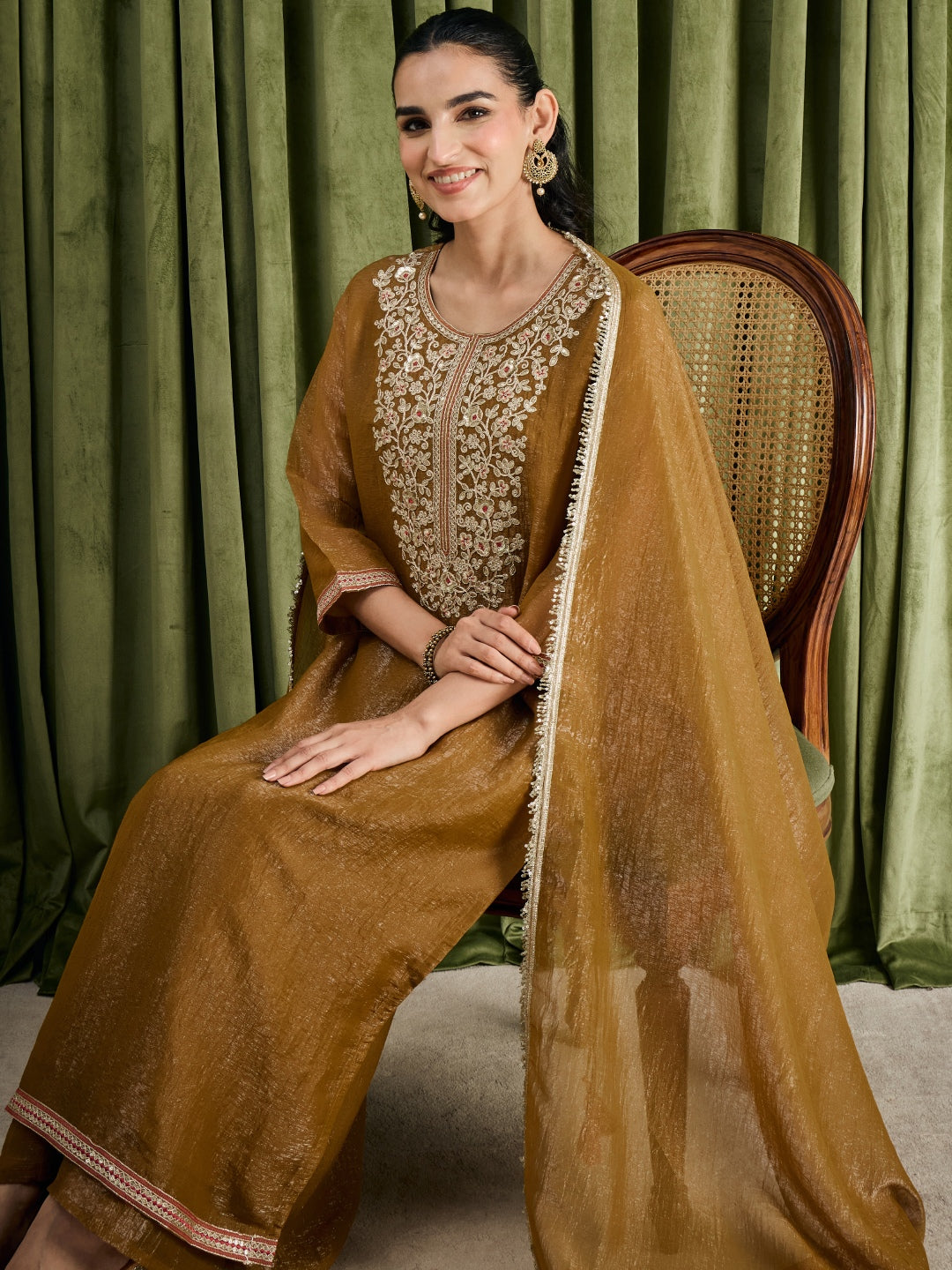 Janasya Women's Olive Musturd Tissue Silk Floral Zari Yoke Embroidered Straight Kurta with Palazzo And Dupatta Set