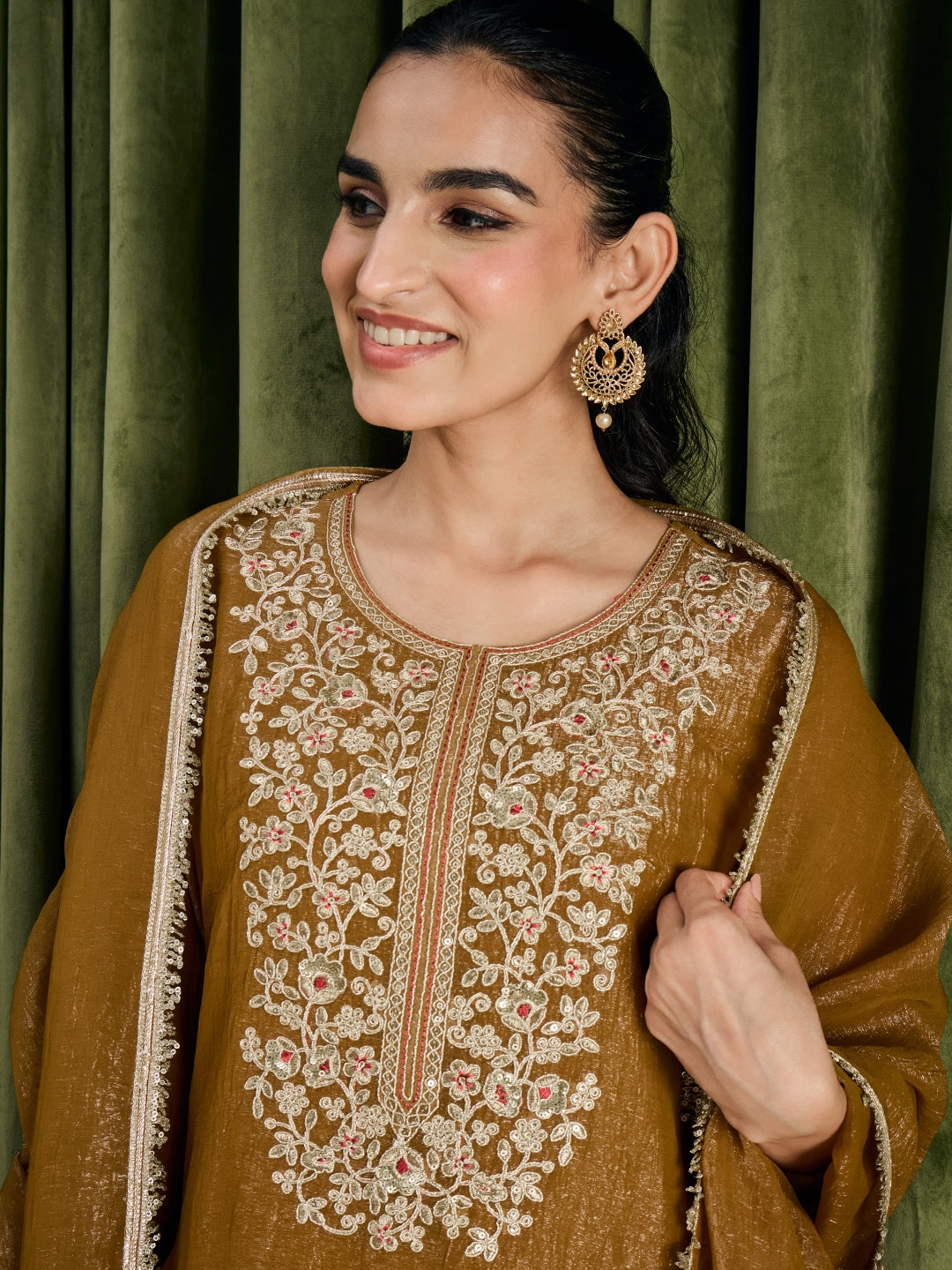 Janasya Women's Olive Musturd Tissue Silk Floral Zari Yoke Embroidered Straight Kurta with Palazzo And Dupatta Set