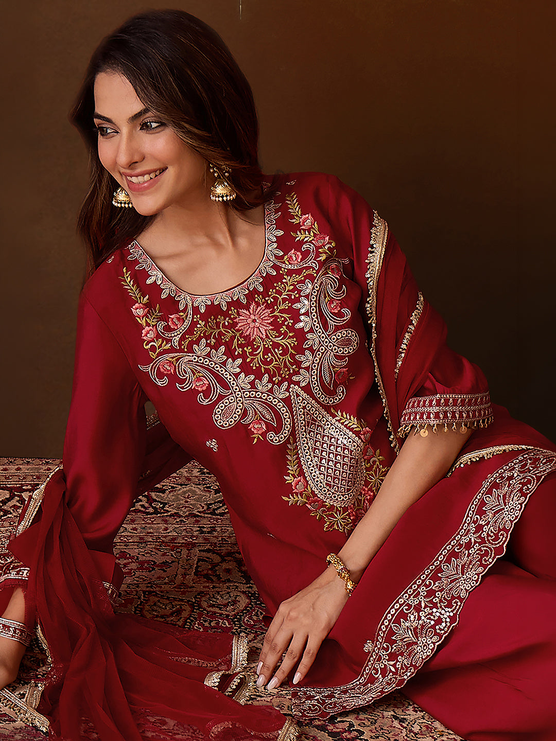 Janasya Women's Maroon Chanderi Silk Floral Embroidered Straight Kurta Set