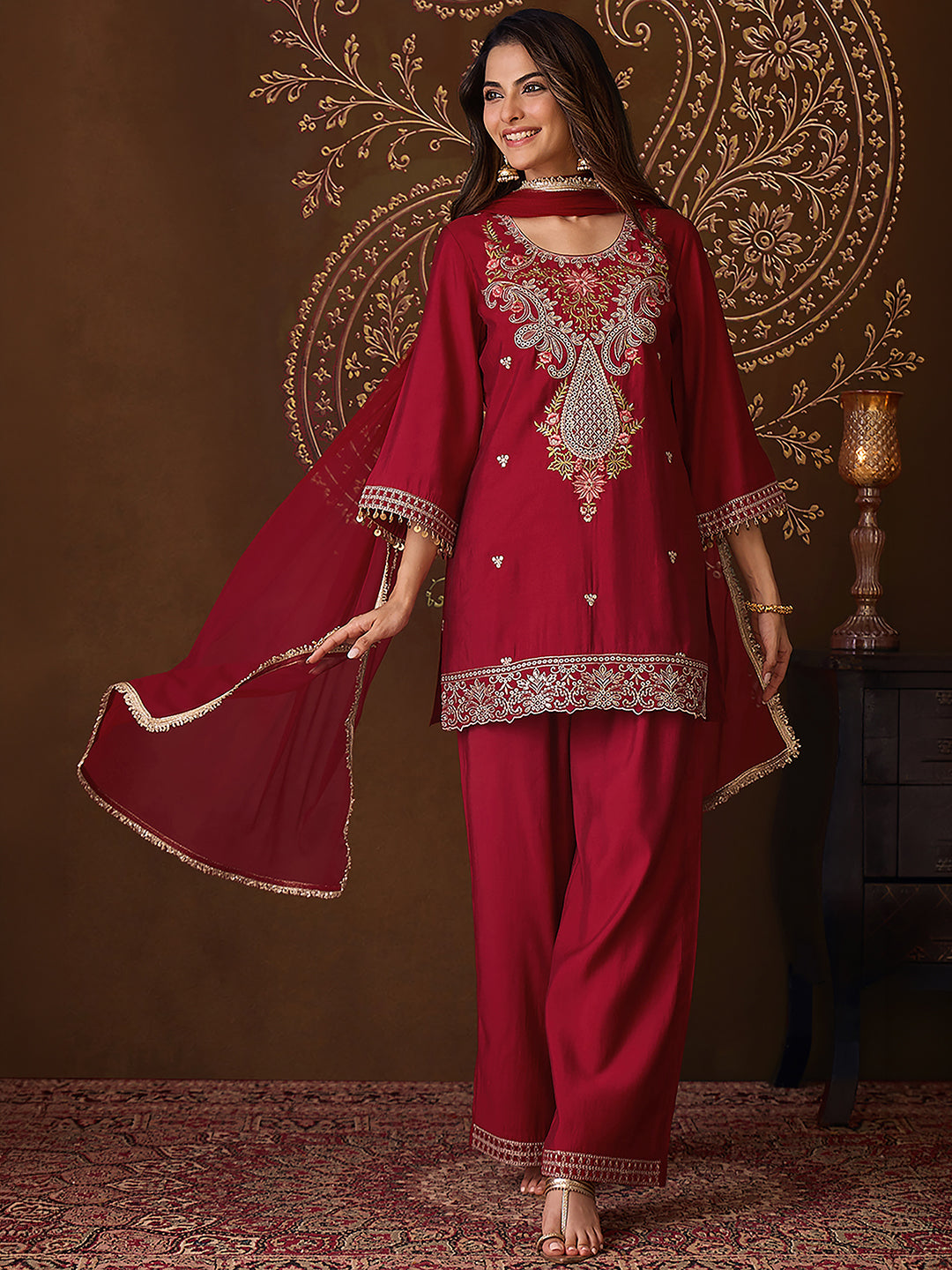 Janasya Women's Maroon Chanderi Silk Floral Embroidered Straight Kurta Set
