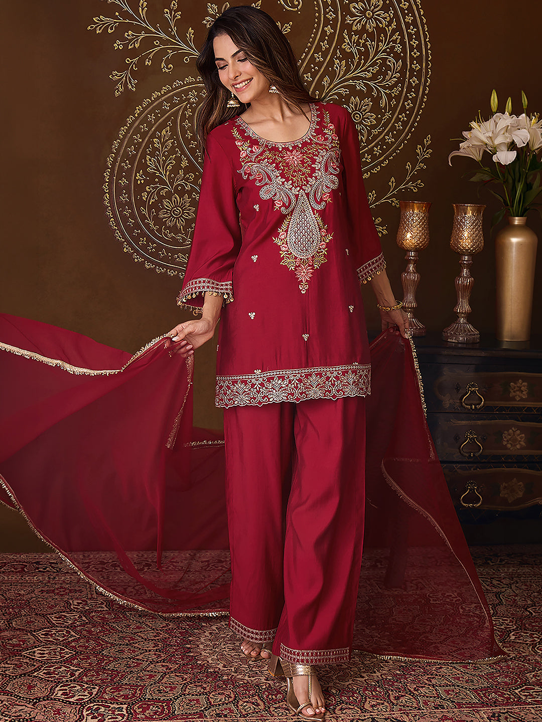 Janasya Women's Maroon Chanderi Silk Floral Embroidered Straight Kurta Set