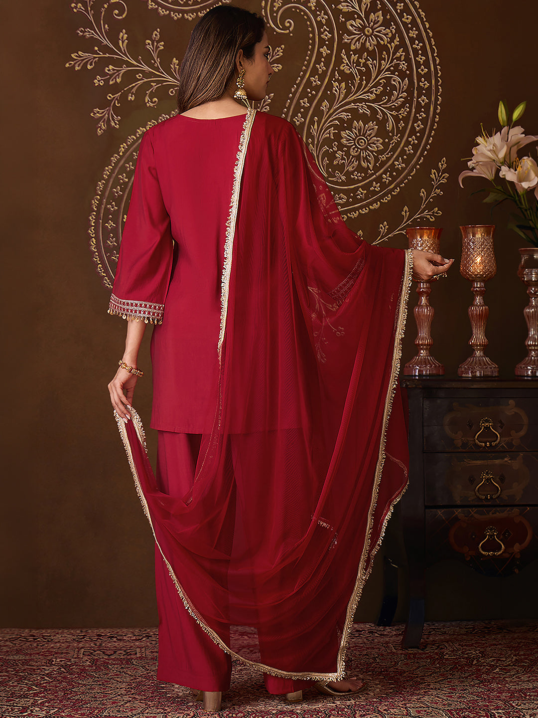 Janasya Women's Maroon Chanderi Silk Floral Embroidered Straight Kurta Set