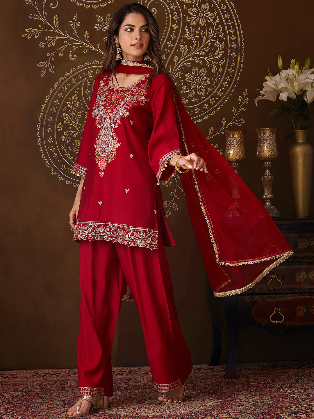 Janasya Women's Maroon Chanderi Silk Floral Embroidered Straight Kurta Set