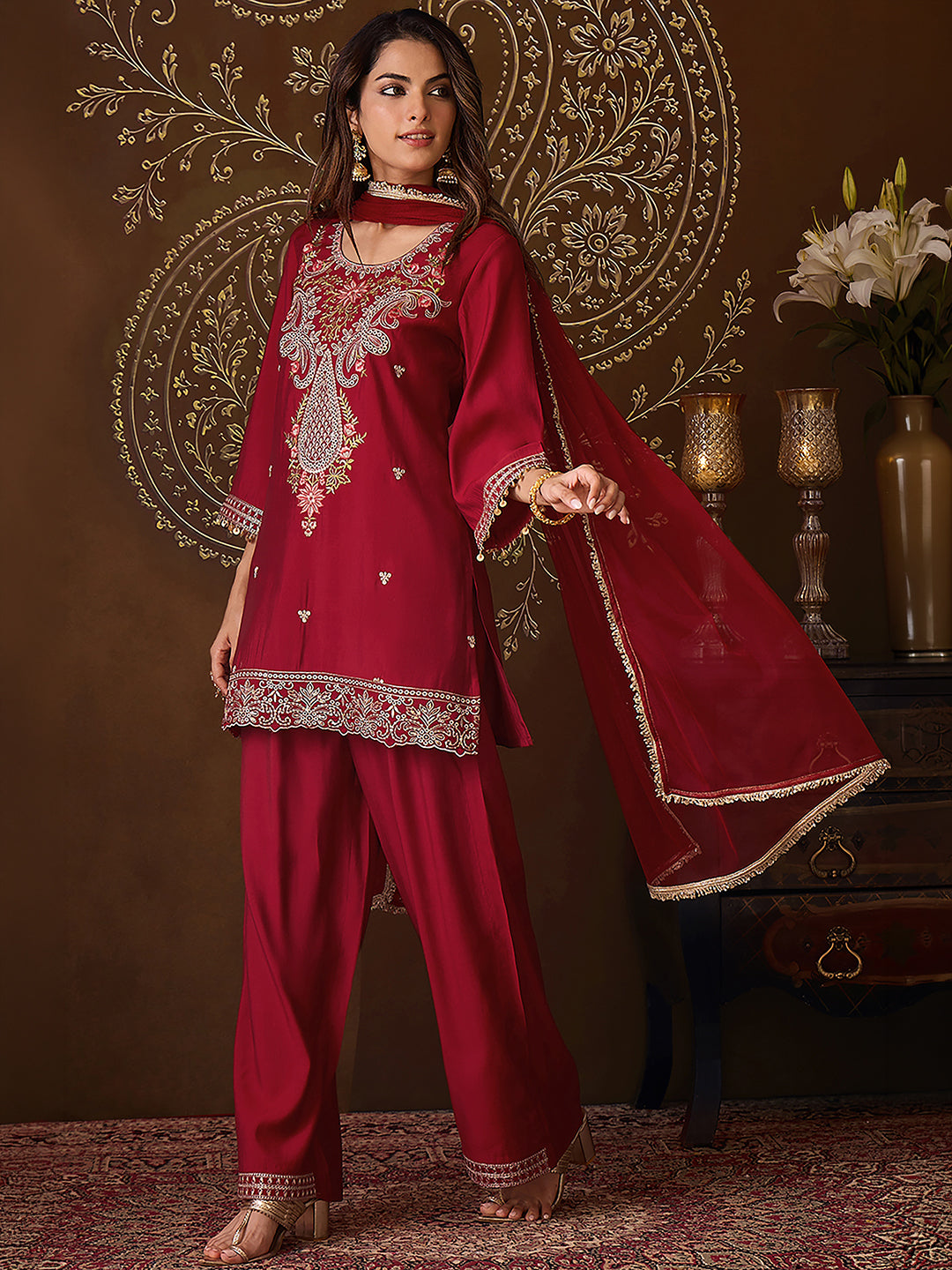 Janasya Women's Maroon Chanderi Silk Floral Embroidered Straight Kurta Set
