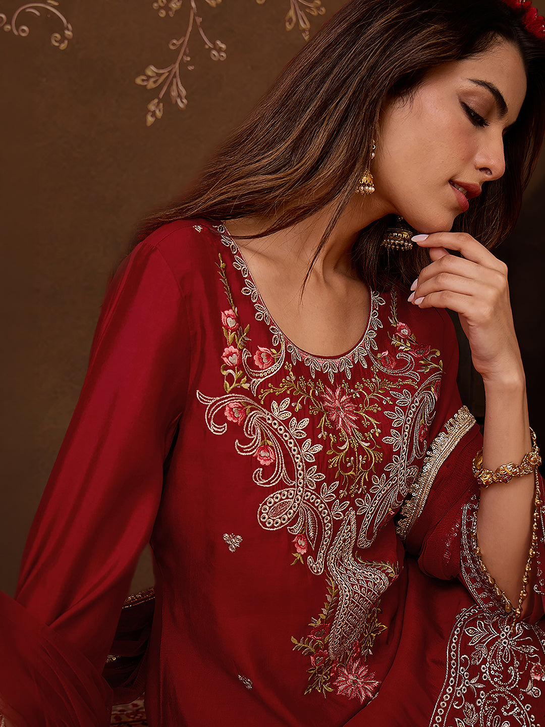 Janasya Women's Maroon Chanderi Silk Floral Embroidered Straight Kurta Set