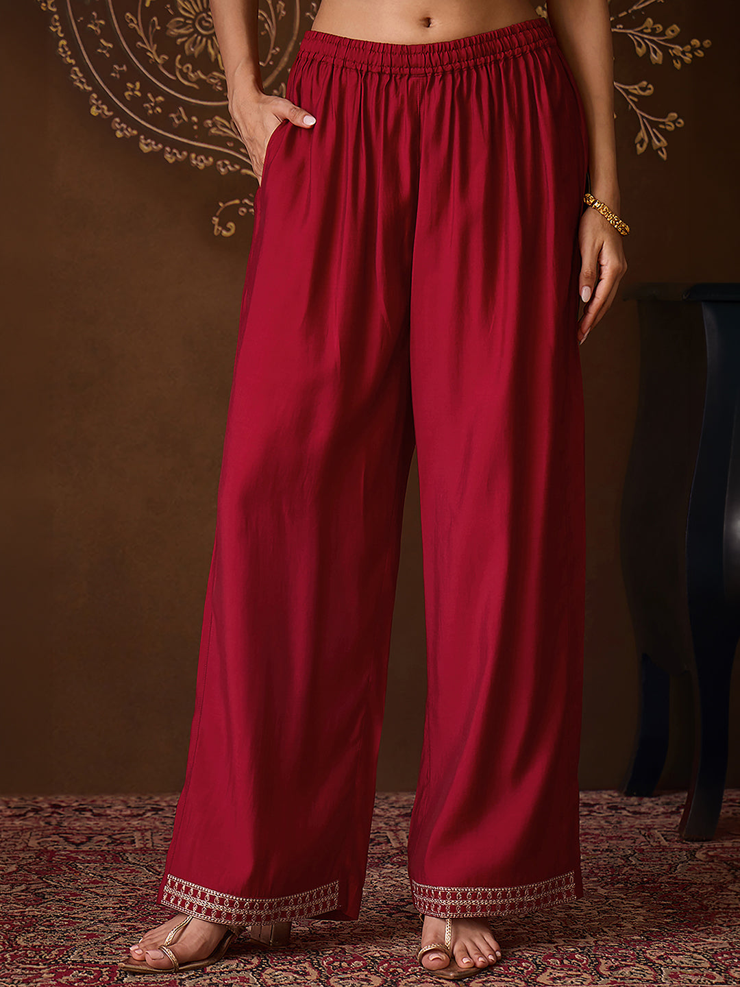 Janasya Women's Maroon Chanderi Silk Floral Embroidered Straight Kurta Set