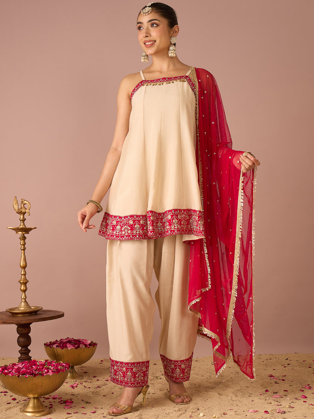 Janasya Women's Beige Silk Blend Floral Pearl And Zari Embroidered A-Line Kurta with Salwar And Dupatta Set