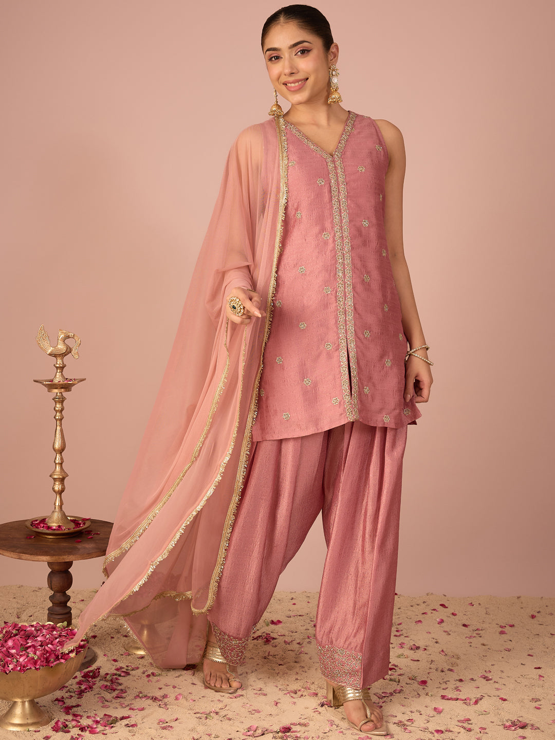 Janasya Women's Dusky Pink Silk Blend Floral Pearls and Zari Embroidered Straight Kurta Salwar and Dupatta Set