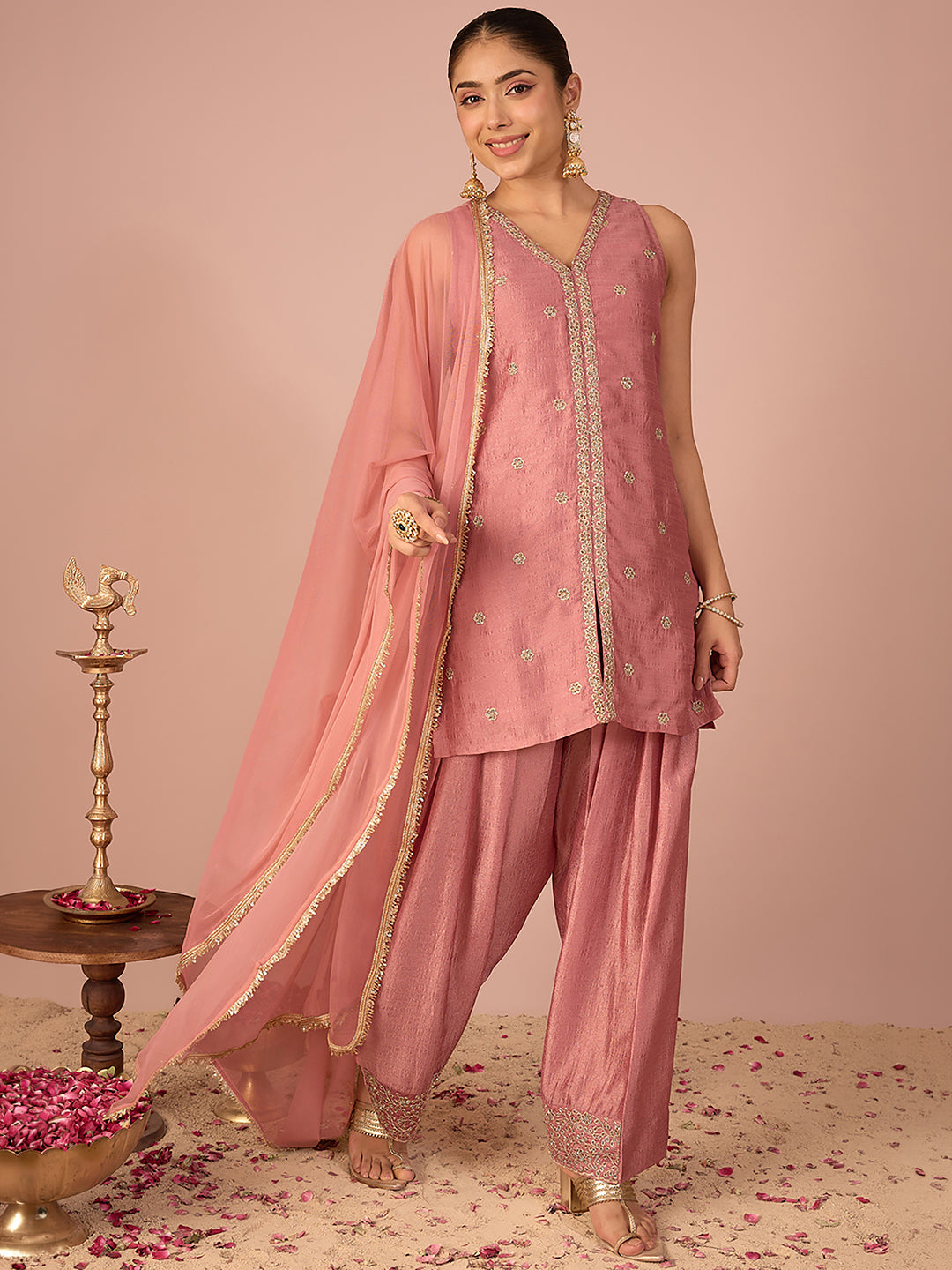 Janasya Women's Dusky Pink Silk Blend Floral Pearls and Zari Embroidered Straight Kurta Salwar and Dupatta Set