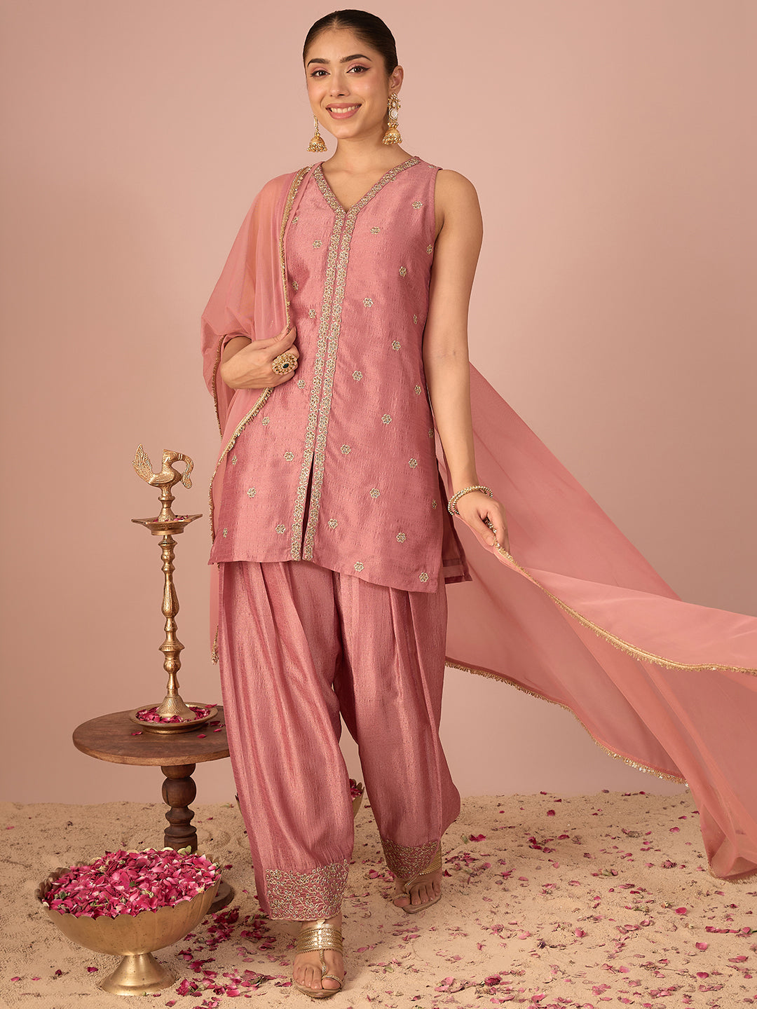 Janasya Women's Dusky Pink Silk Blend Floral Pearls and Zari Embroidered Straight Kurta Salwar and Dupatta Set
