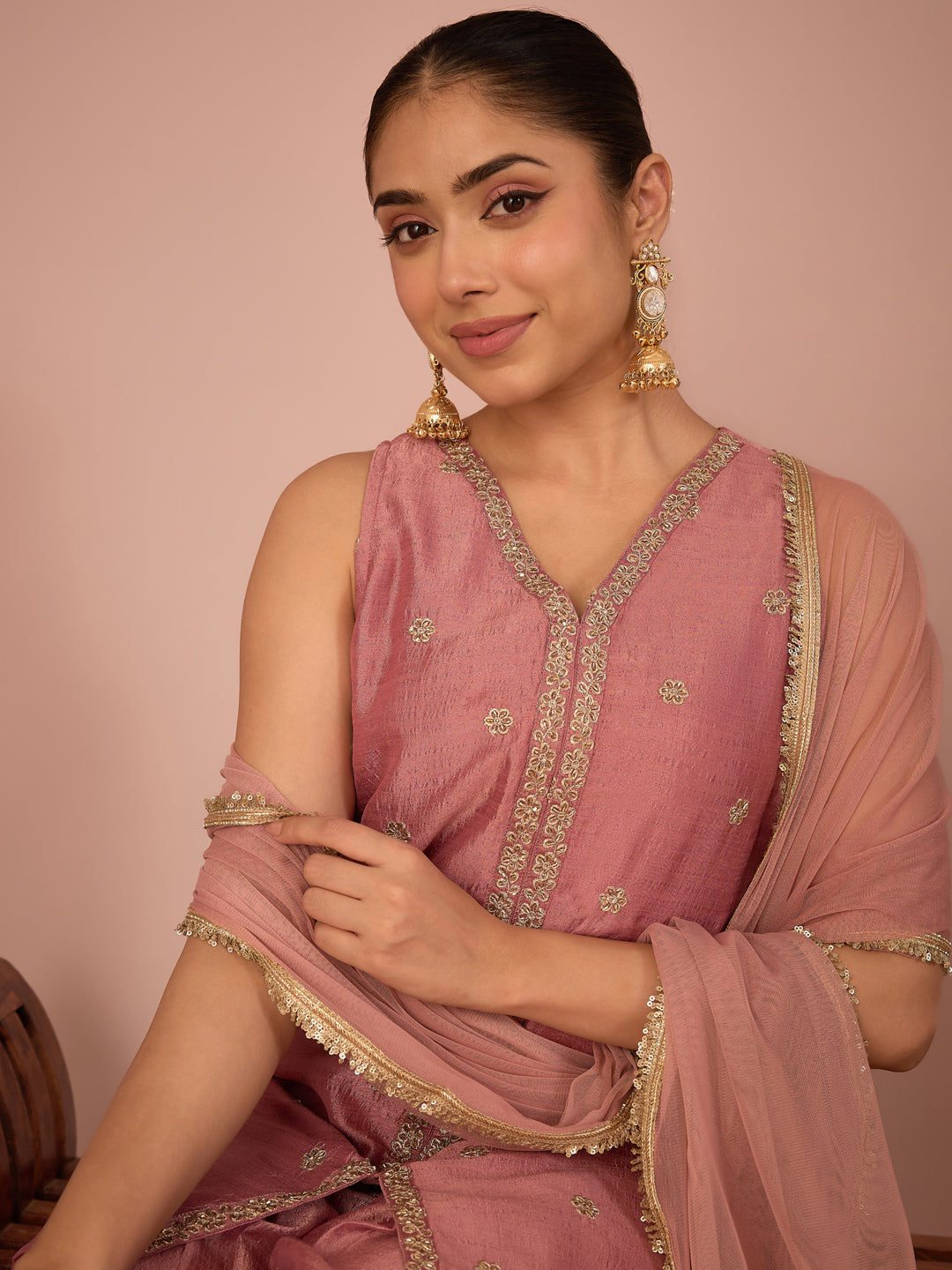 Janasya Women's Dusky Pink Silk Blend Floral Pearls and Zari Embroidered Straight Kurta Salwar and Dupatta Set