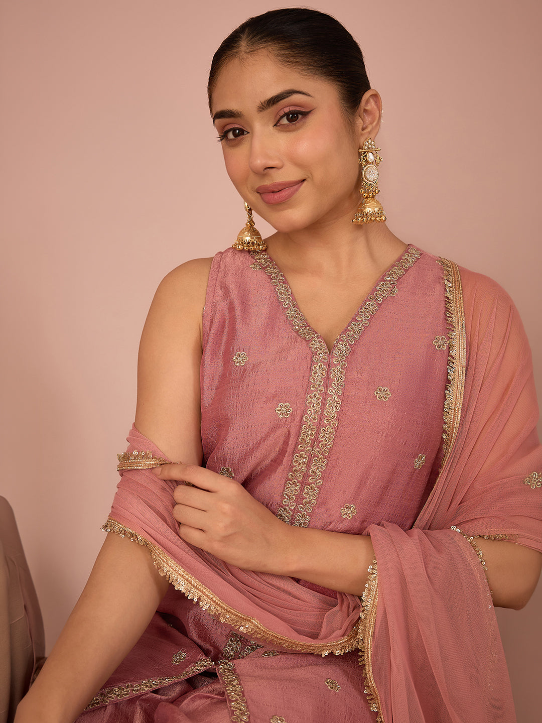 Janasya Women's Dusky Pink Silk Blend Floral Pearls and Zari Embroidered Straight Kurta Salwar and Dupatta Set