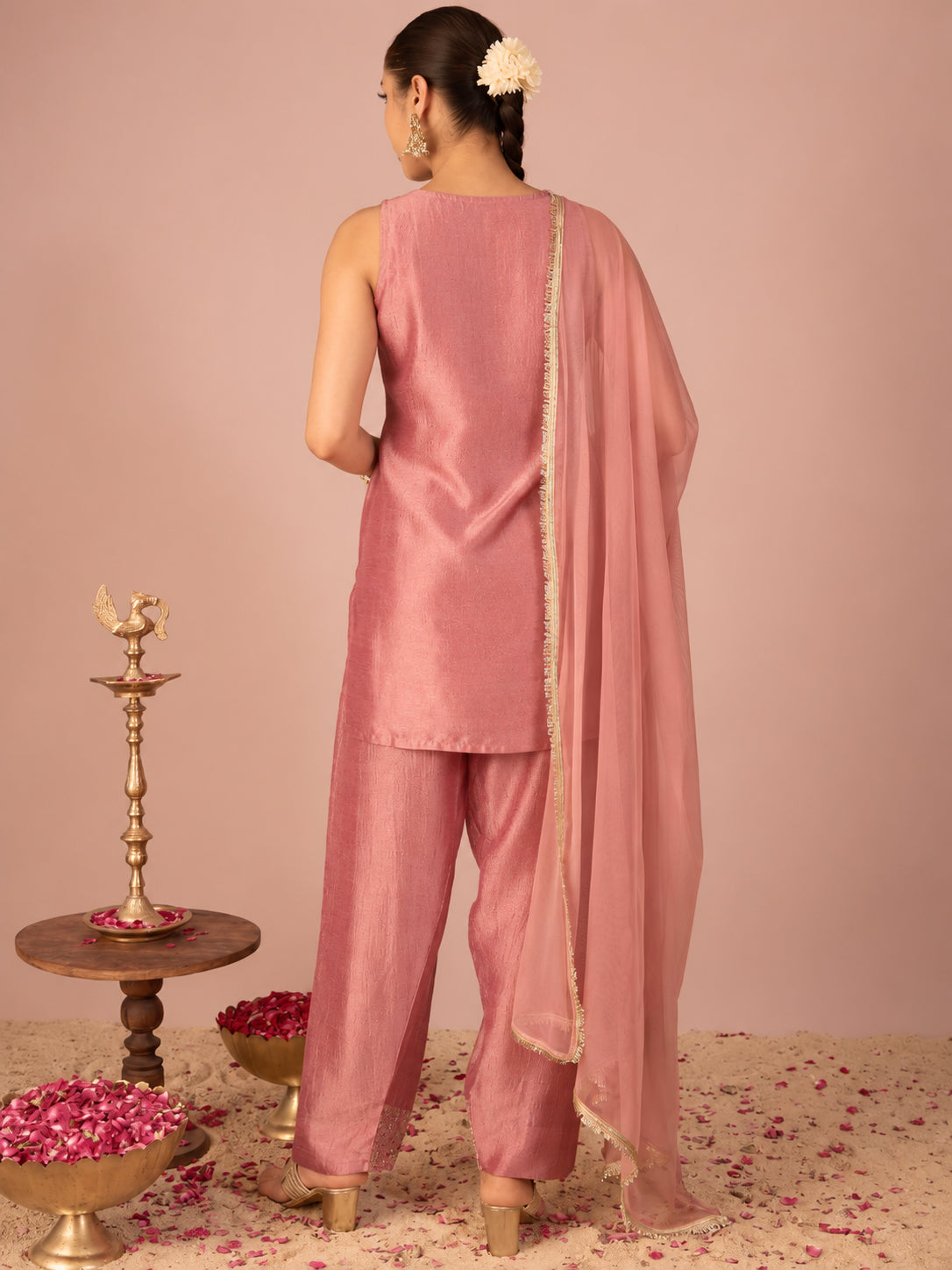 Janasya Women's Dusky Pink Silk Blend Floral Pearls and Zari Embroidered Straight Kurta Salwar and Dupatta Set