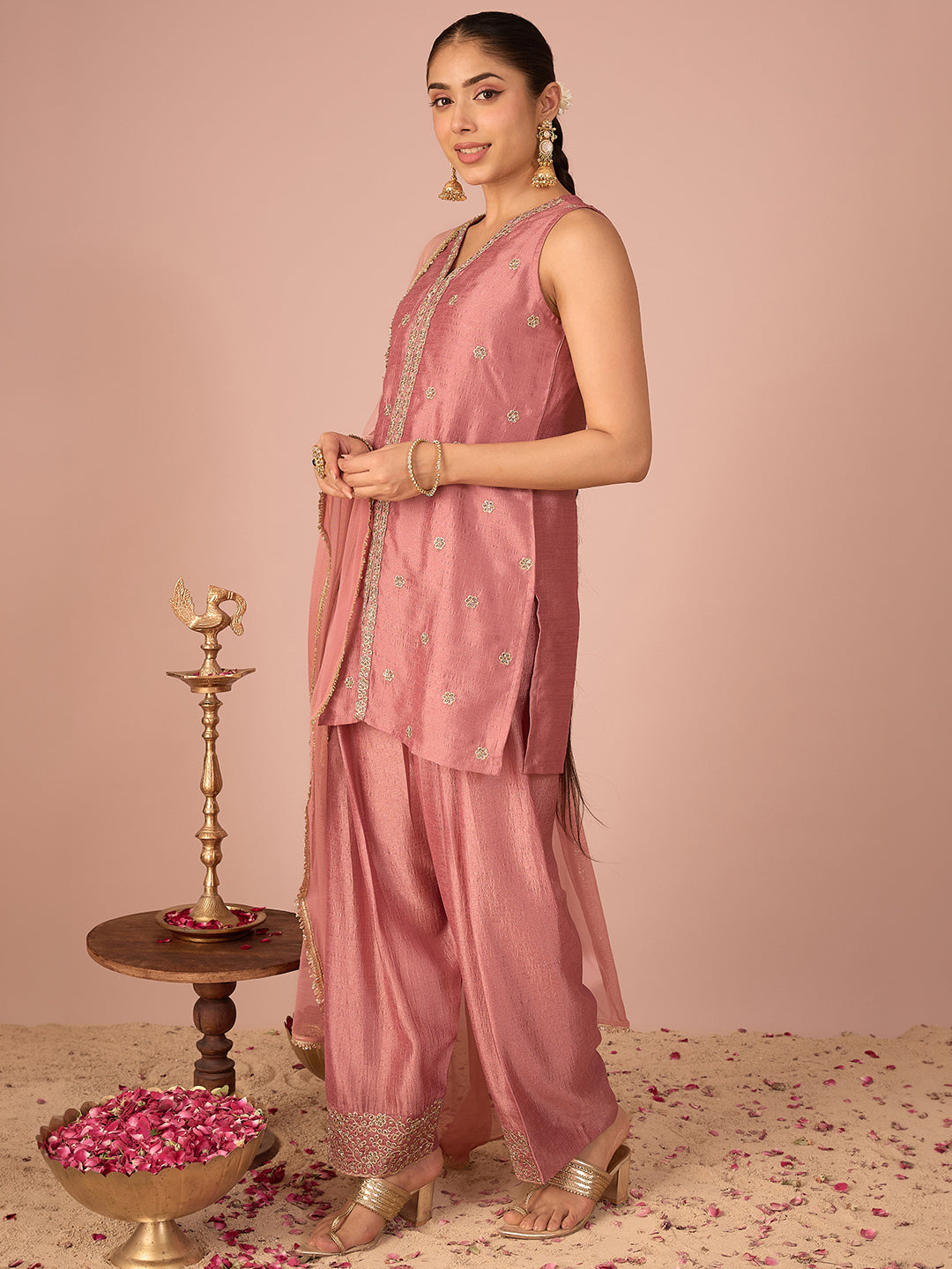 Janasya Women's Dusky Pink Silk Blend Floral Pearls and Zari Embroidered Straight Kurta Salwar and Dupatta Set