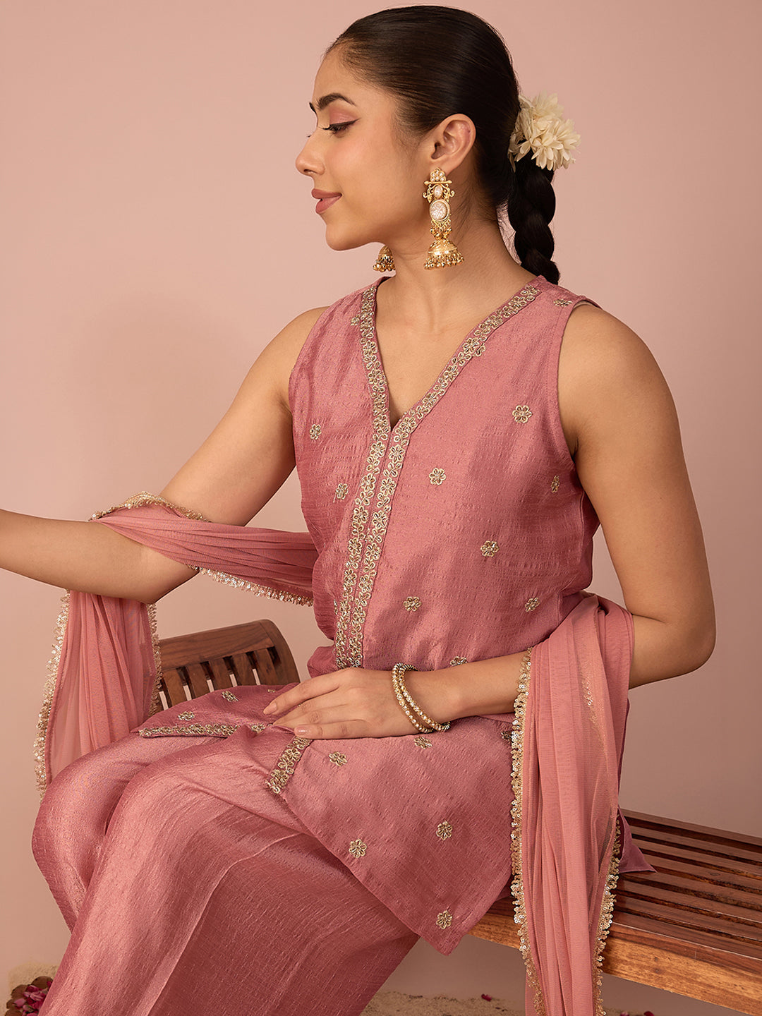 Janasya Women's Dusky Pink Silk Blend Floral Pearls and Zari Embroidered Straight Kurta Salwar and Dupatta Set
