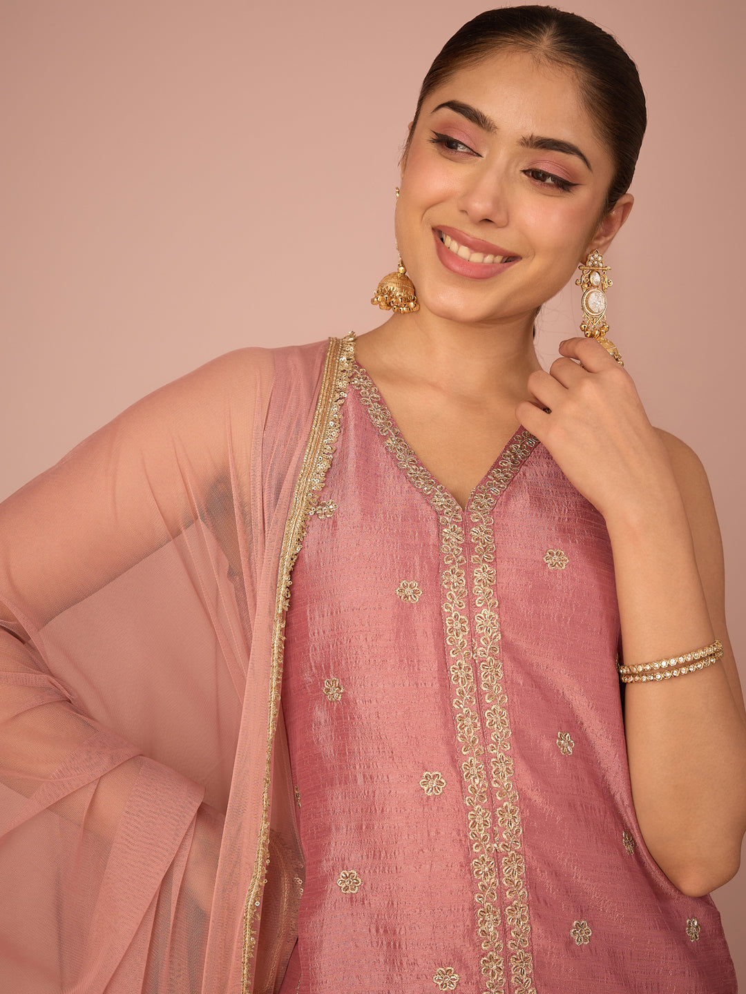 Janasya Women's Dusky Pink Silk Blend Floral Pearls and Zari Embroidered Straight Kurta Salwar and Dupatta Set
