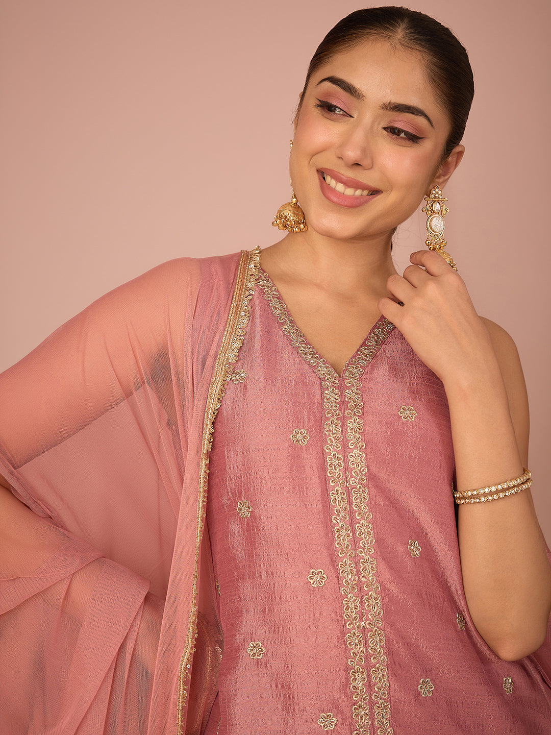 Janasya Women's Dusky Pink Silk Blend Floral Pearls and Zari Embroidered Straight Kurta Salwar and Dupatta Set
