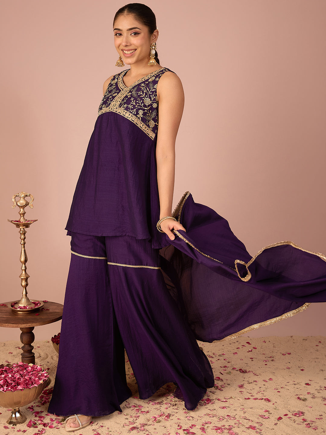 Janasya Women's Purple Silk Blend Floral Zari Yoke Embroidered A-Line Kurta with Sharara And Dupatta Set