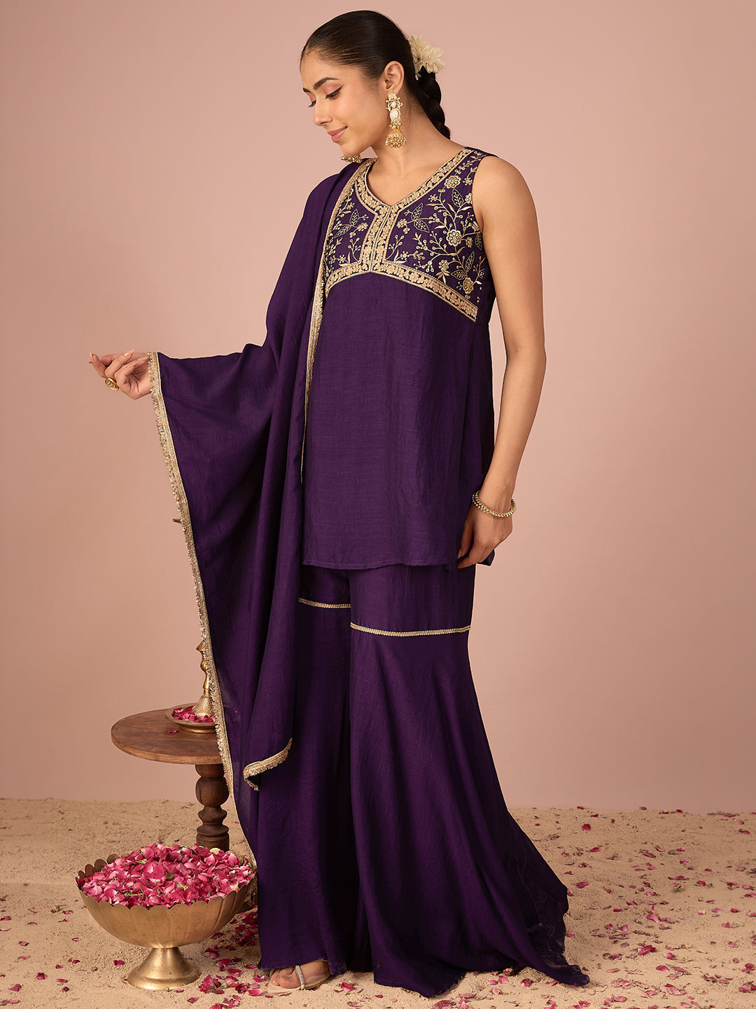 Janasya Women's Purple Silk Blend Floral Zari Yoke Embroidered A-Line Kurta with Sharara And Dupatta Set