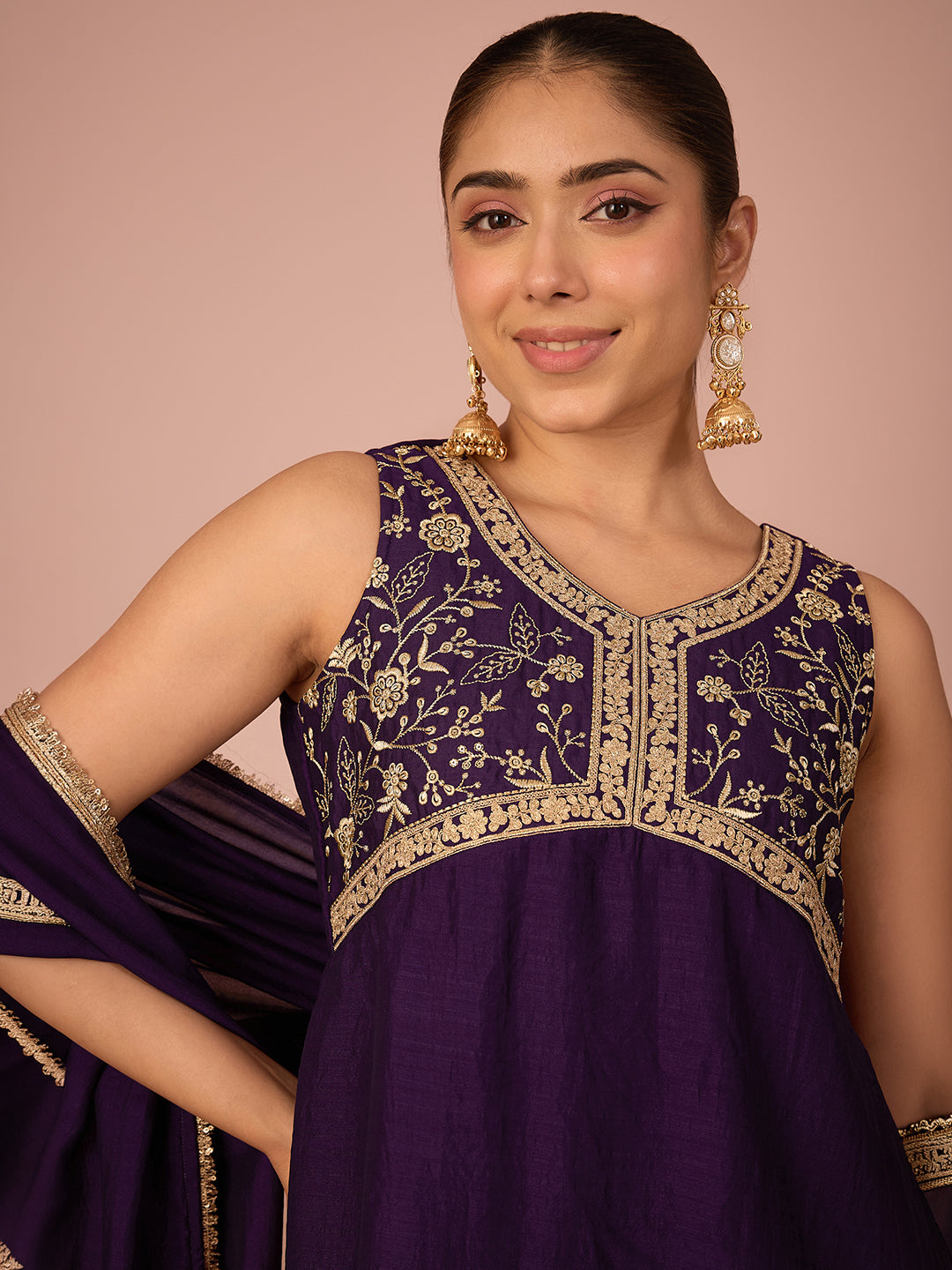 Janasya Women's Purple Silk Blend Floral Zari Yoke Embroidered A-Line Kurta with Sharara And Dupatta Set