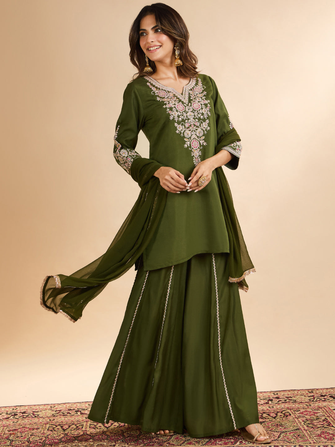 Janasya Women's Olive Green Chanderi Silk Floral Zari Embroidered Straight Kurta with Sharara and Dupatta Set