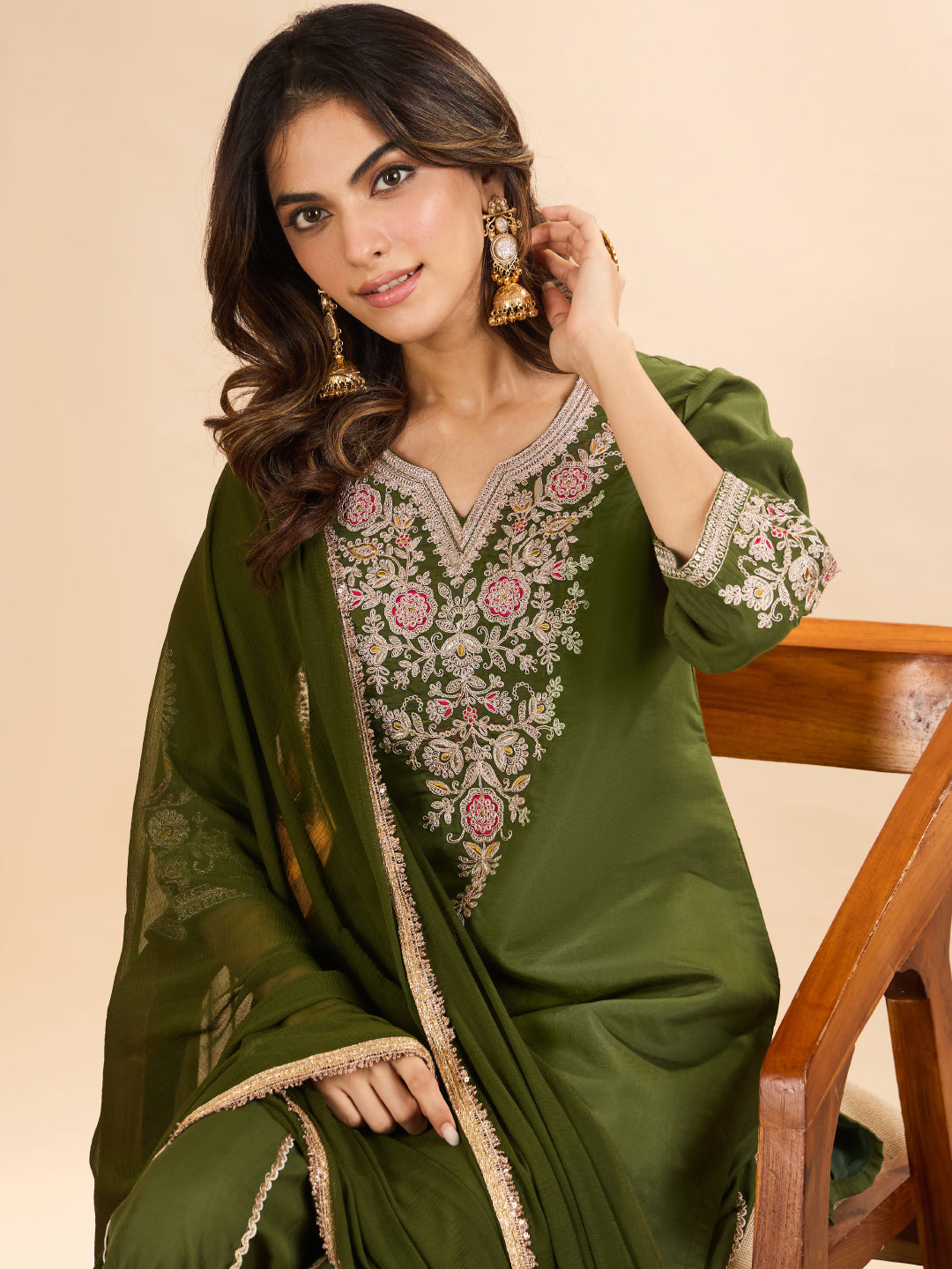 Janasya Women's Olive Green Chanderi Silk Floral Zari Embroidered Straight Kurta with Sharara and Dupatta Set