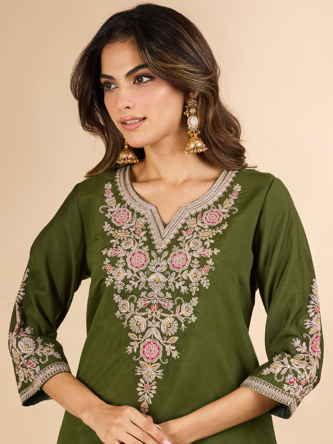 Janasya Women's Olive Green Chanderi Silk Floral Zari Embroidered Straight Kurta with Sharara and Dupatta Set