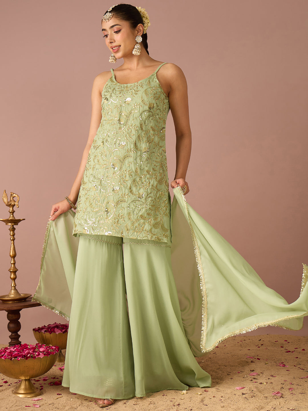 Janasya Women's Mint Green Georgette Floral Zari Embroidered Straight Kurta with Sharara & Dupatta Set
