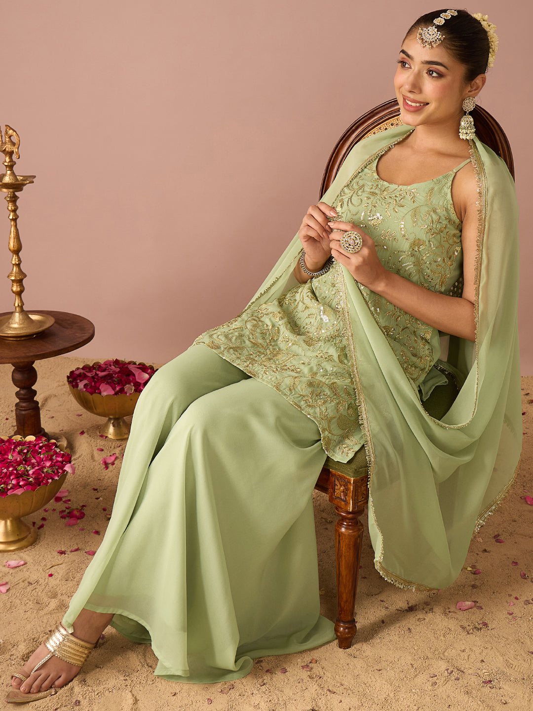 Janasya Women's Mint Green Georgette Floral Zari Embroidered Straight Kurta with Sharara & Dupatta Set
