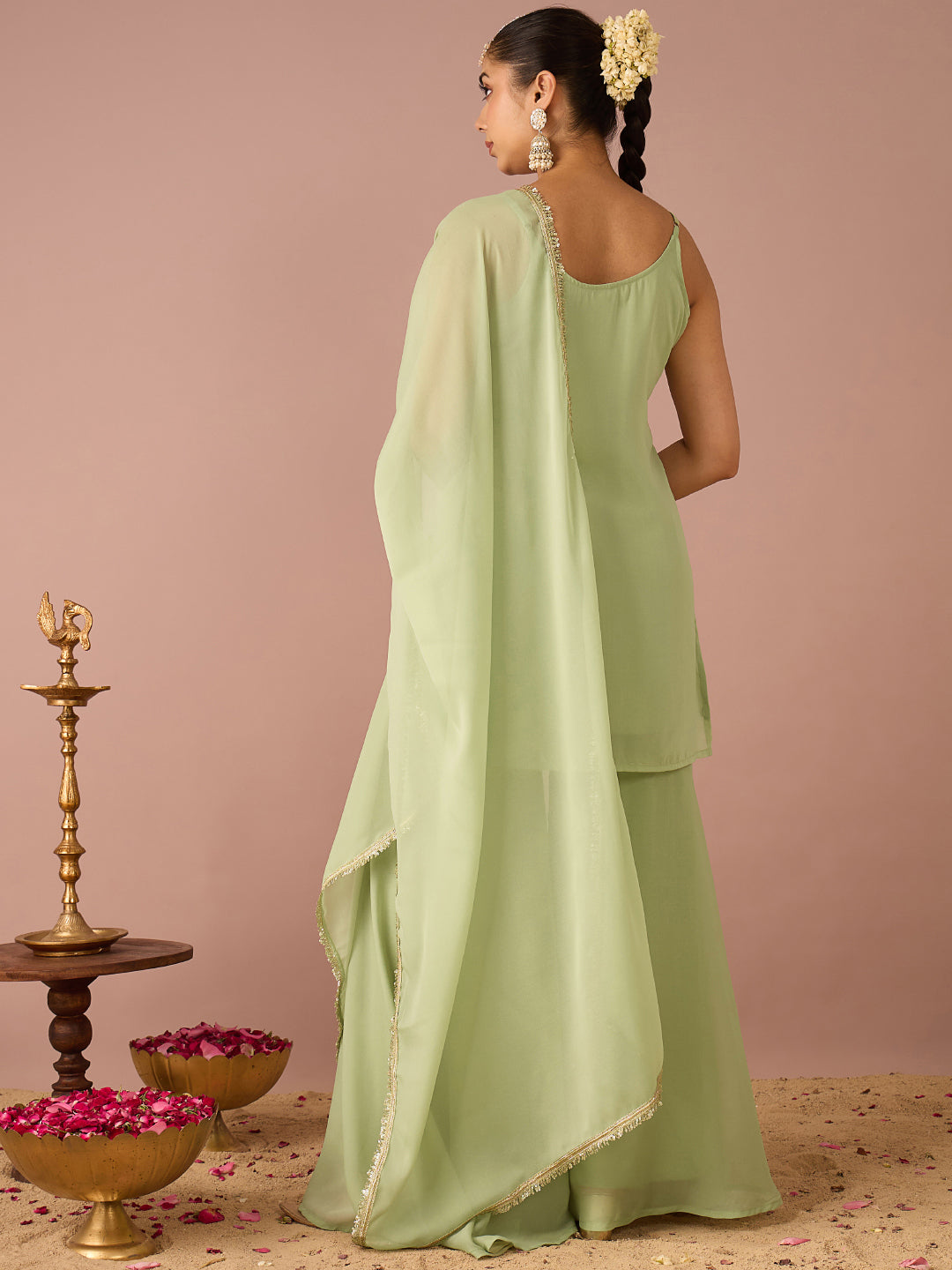 Janasya Women's Mint Green Georgette Floral Zari Embroidered Straight Kurta with Sharara & Dupatta Set