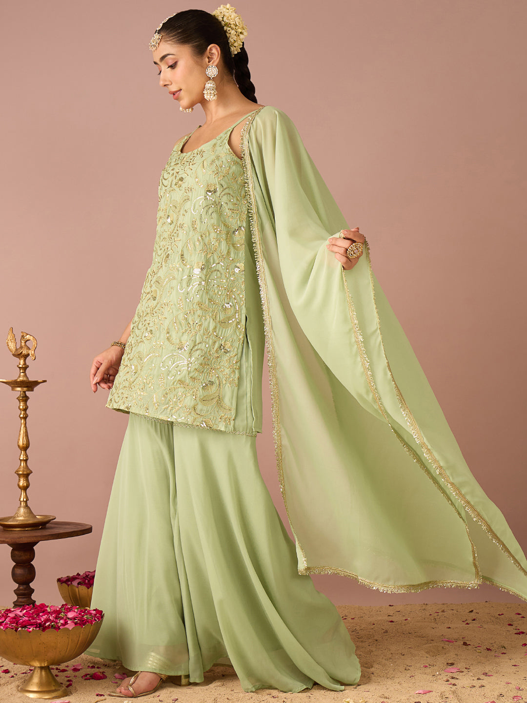 Janasya Women's Mint Green Georgette Floral Zari Embroidered Straight Kurta with Sharara & Dupatta Set