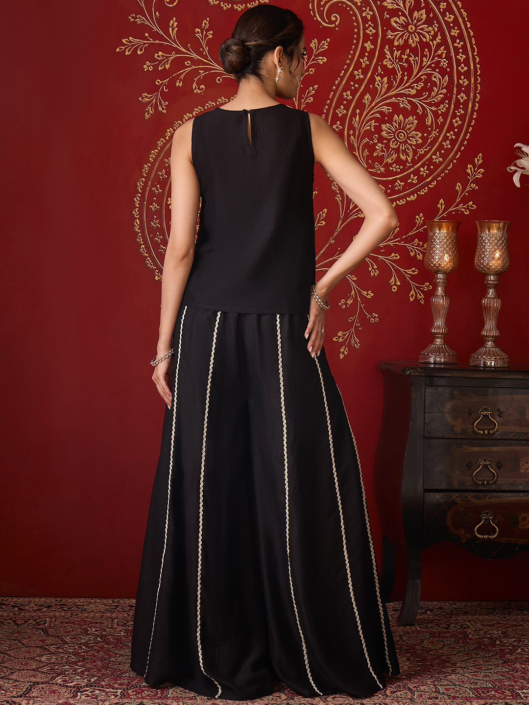 Janasya Women's Black Silk Blend Zari Embroidered Straight Co-Ord Set
