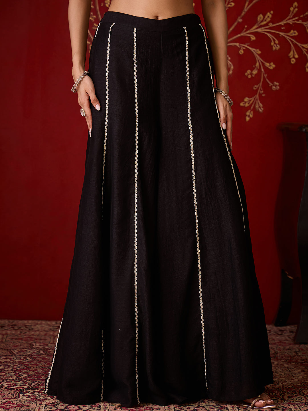 Janasya Women's Black Silk Blend Zari Embroidered Straight Co-Ord Set