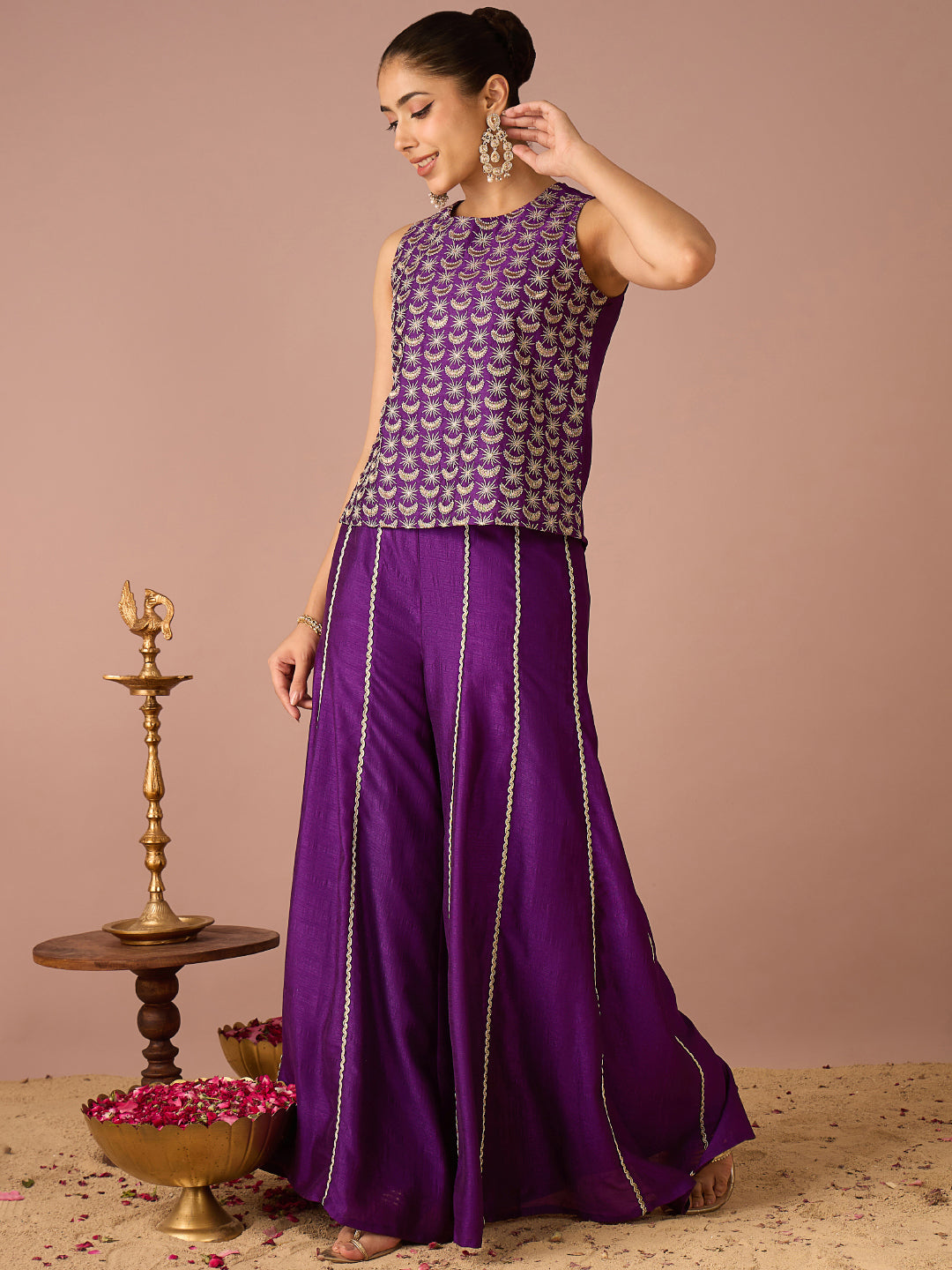 Janasya Women's Purple Silk Blend Zari Embroidered Straight Co-Ord Set