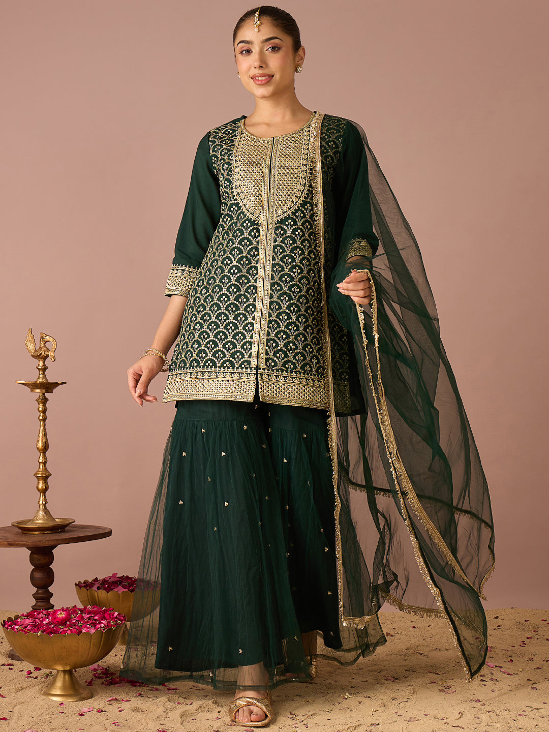 Janasya Women's Bottle Green Chanderi Silk Floral Sequins and Zari Embroidered Straight Kurta with Sharara and Dupatta Set