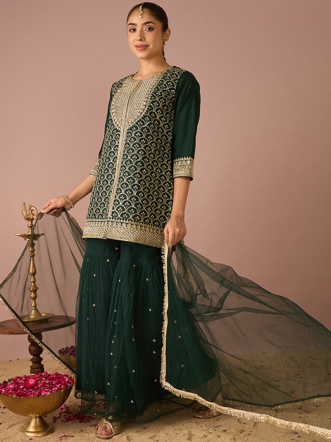 Janasya Women's Bottle Green Chanderi Silk Floral Sequins and Zari Embroidered Straight Kurta with Sharara and Dupatta Set