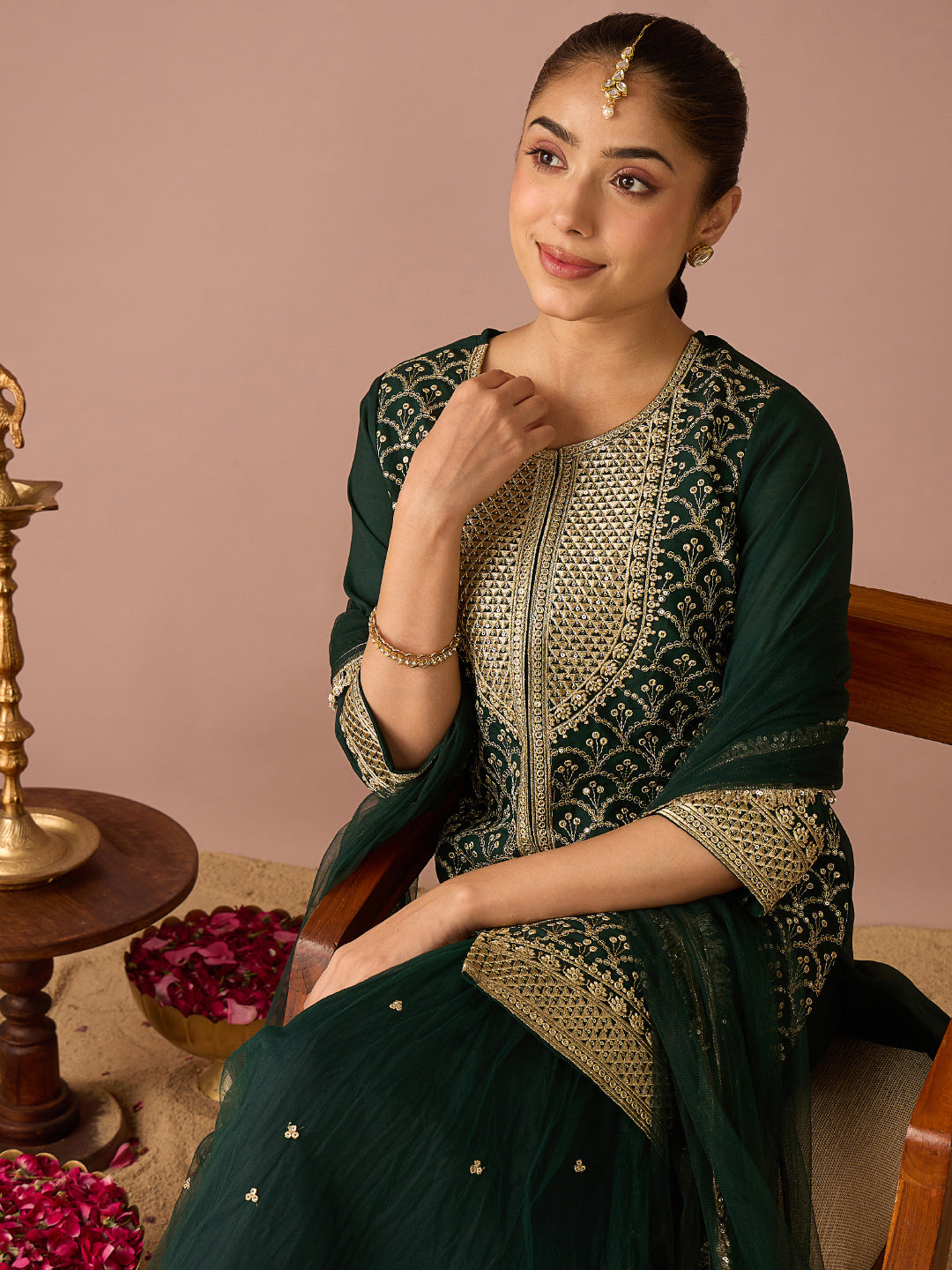 Janasya Women's Bottle Green Chanderi Silk Floral Sequins and Zari Embroidered Straight Kurta with Sharara and Dupatta Set