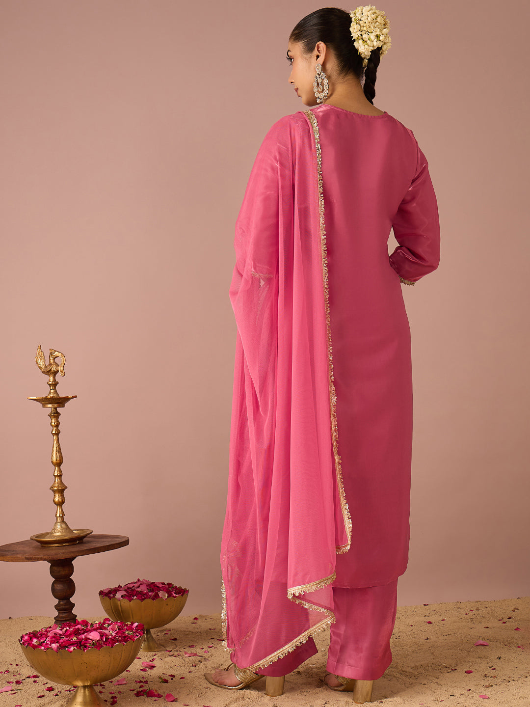 Janasya Women's Pink Silk Blend Floral Zari Embroidered Straight Kurta Set