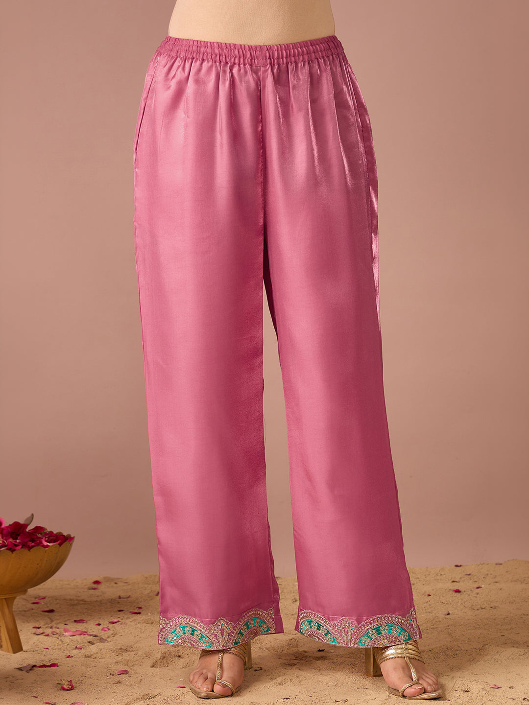 Janasya Women's Pink Silk Blend Floral Zari Embroidered Straight Kurta Set