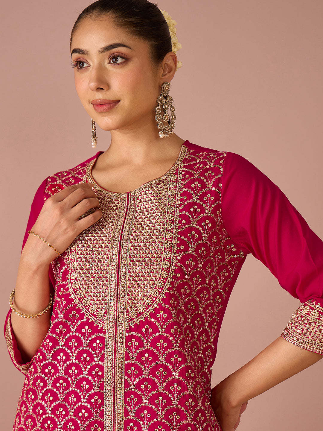 Janasya Women's Pink Chanderi Silk Floral Sequins and Zari Embroidered Straight Kurta with Sharara and Dupatta Set