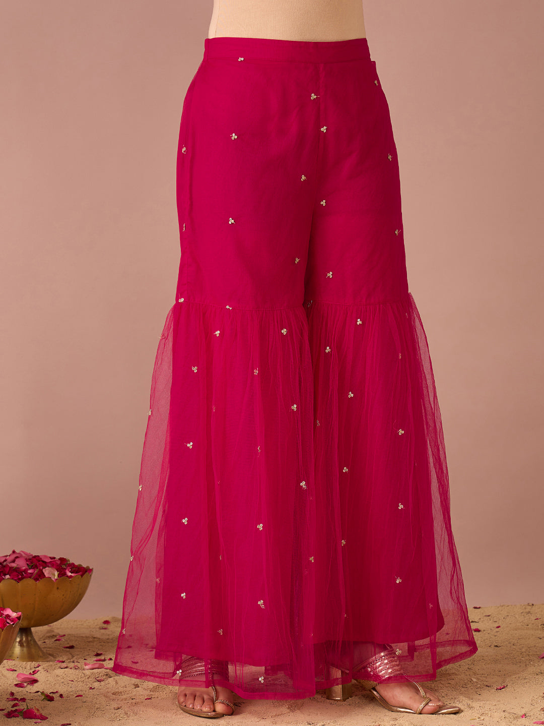 Janasya Women's Pink Chanderi Silk Floral Sequins and Zari Embroidered Straight Kurta with Sharara and Dupatta Set