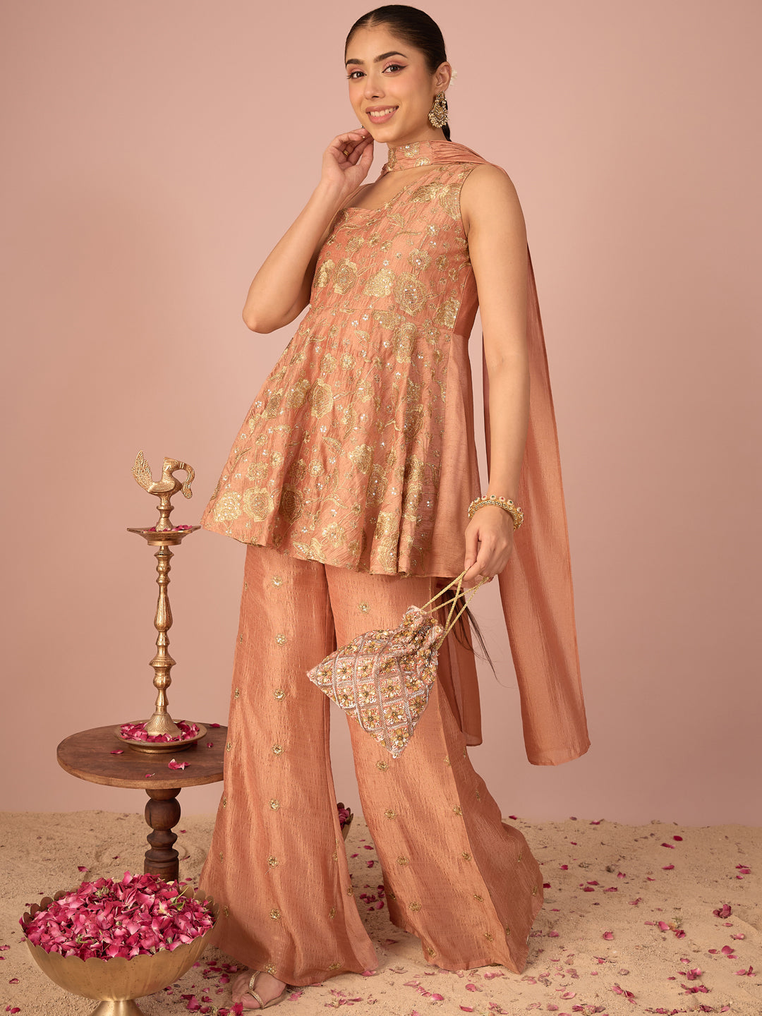 Janasya Women's Peach Silk Blend Floral Zari Embroidered Sequinned Peplum Top with Pant & Choker Dupatta Set