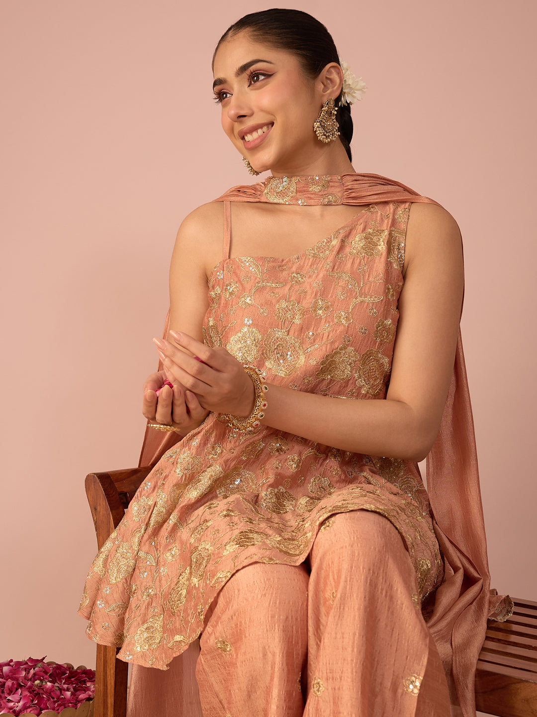 Janasya Women's Peach Silk Blend Floral Zari Embroidered Sequinned Peplum Top with Pant & Choker Dupatta Set