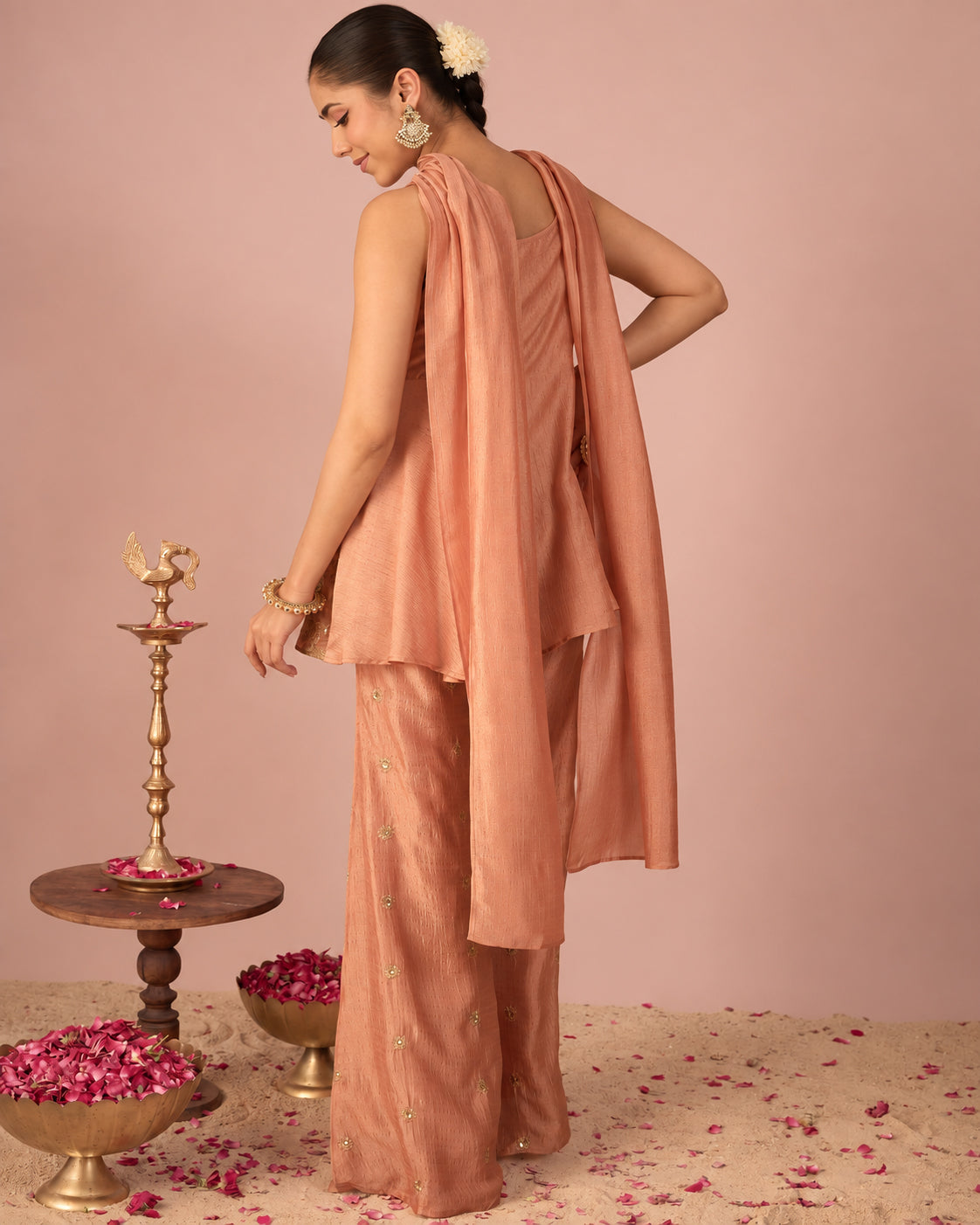 Janasya Women's Peach Silk Blend Floral Zari Embroidered Sequinned Peplum Top with Pant & Choker Dupatta Set