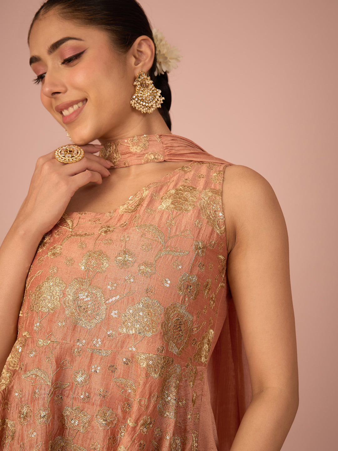 Janasya Women's Peach Silk Blend Floral Zari Embroidered Sequinned Peplum Top with Pant & Choker Dupatta Set