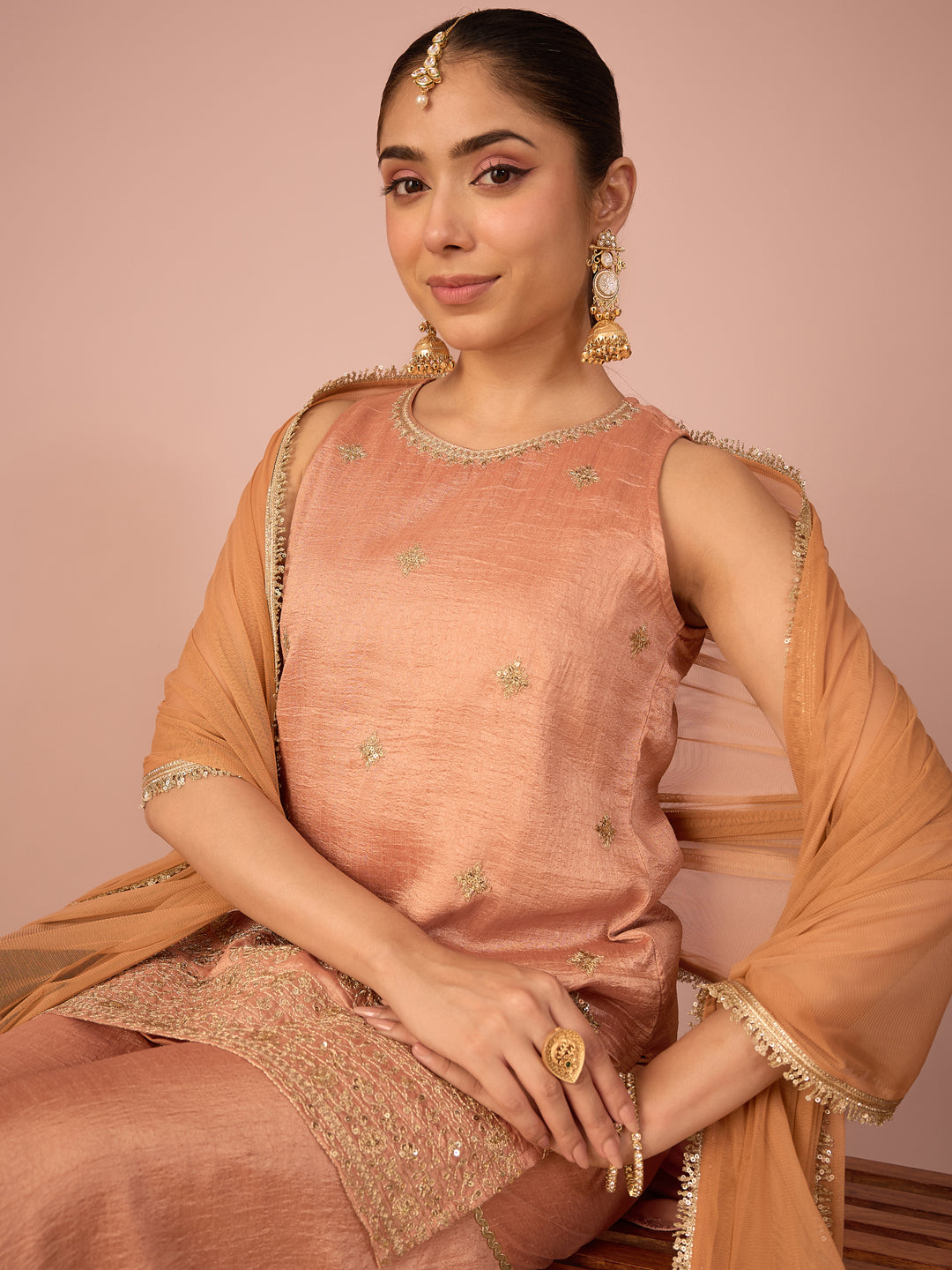 Janasya Women's Peach Silk Blend Floral Sequins and Zari Embroidered Straight Kurta with Sharara and Dupatta Set