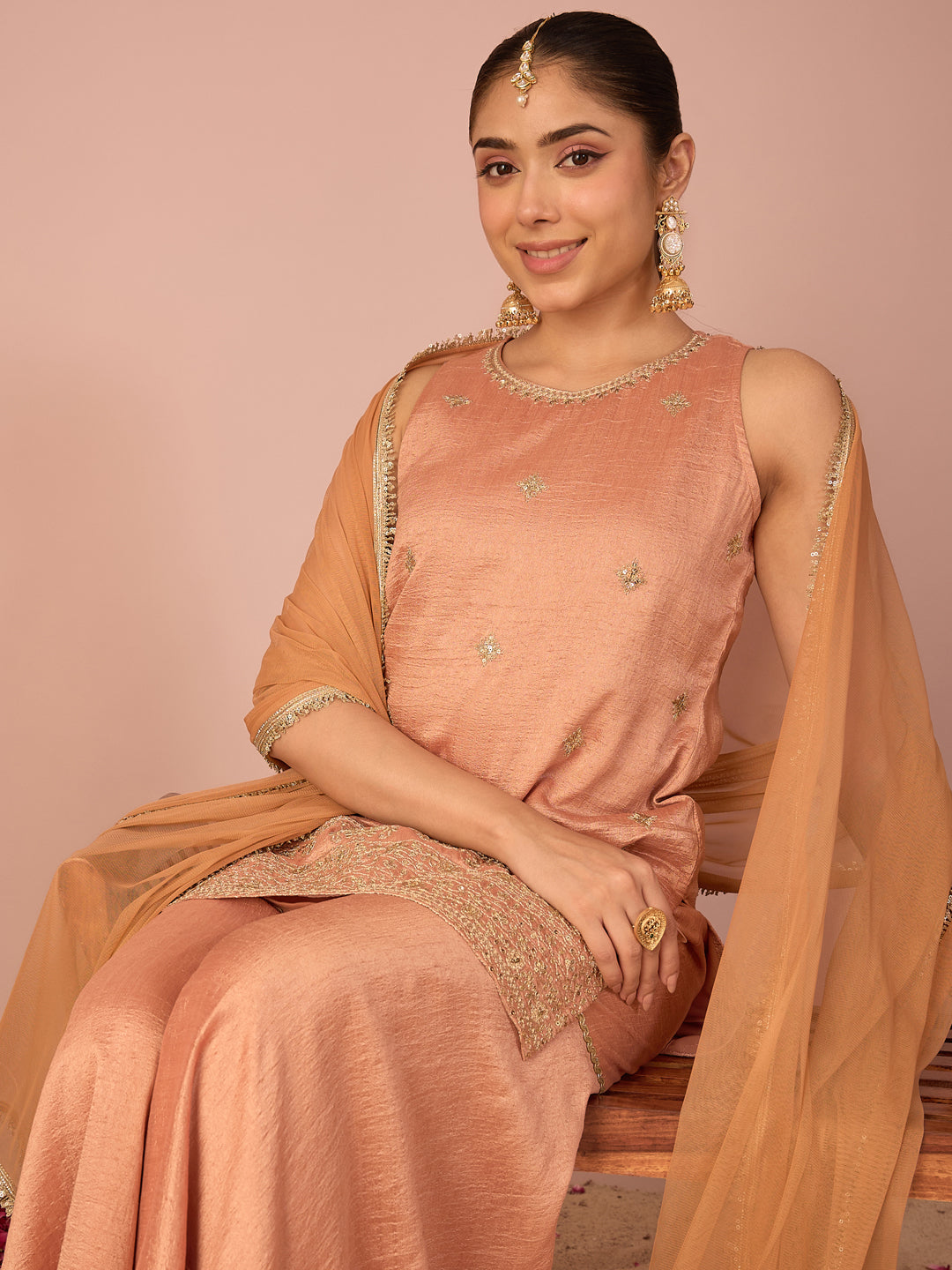 Janasya Women's Peach Silk Blend Floral Sequins and Zari Embroidered Straight Kurta with Sharara and Dupatta Set