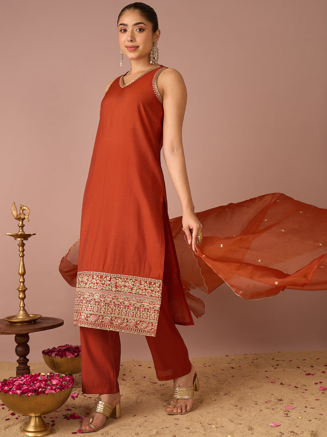 Janasya Women's Rust Chanderi Silk Floral Sequins and Zari Embroidered Straight Kurta Set