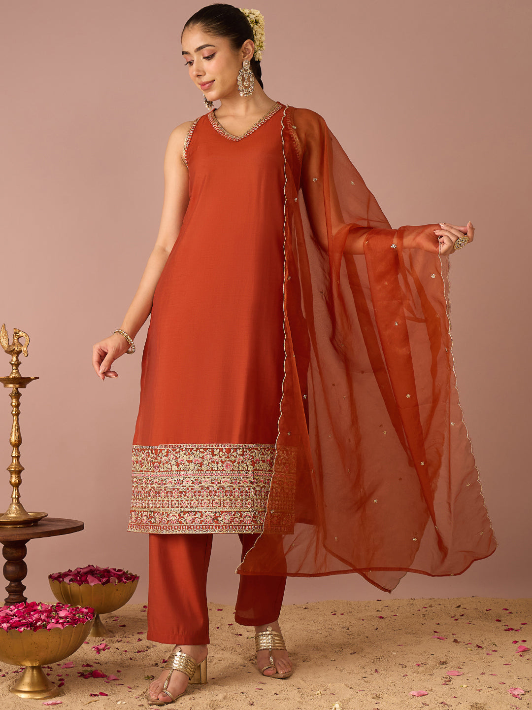 Janasya Women's Rust Chanderi Silk Floral Sequins and Zari Embroidered Straight Kurta Set